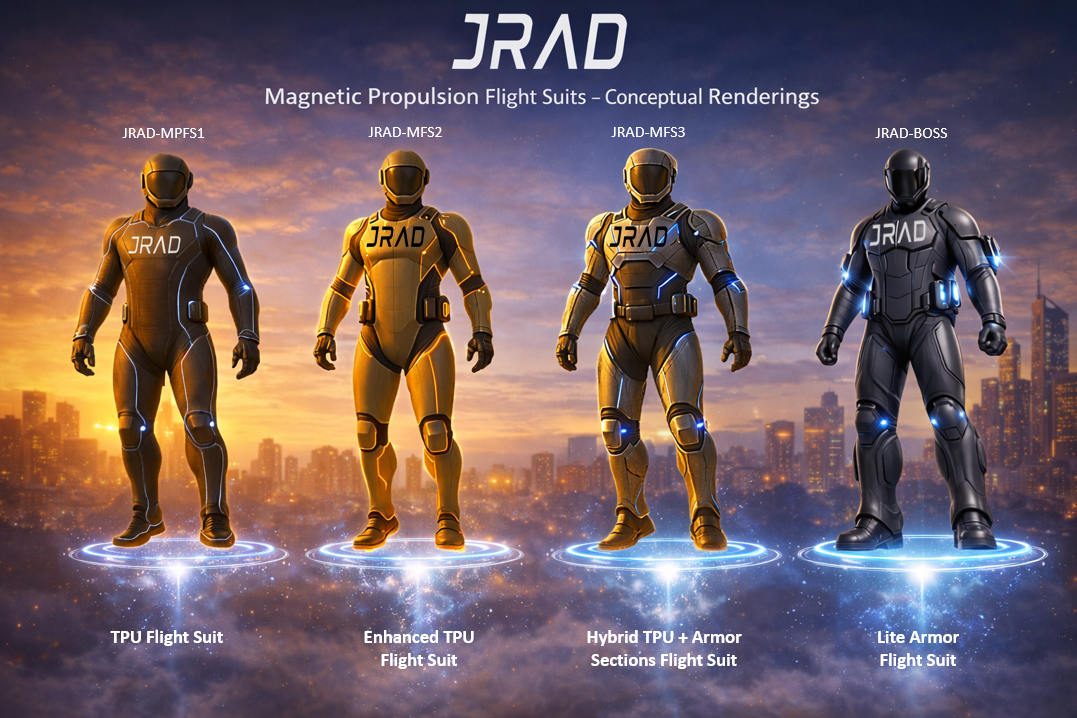 JRAD Magnetic Propulsion Flight Suits – Conceptual Renderings